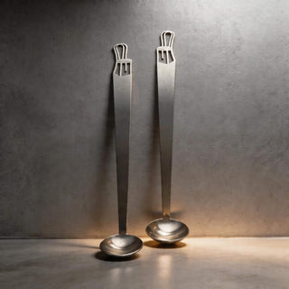 Pair of Bentwood stainless steel tiny serving ladles on a grey stone surface