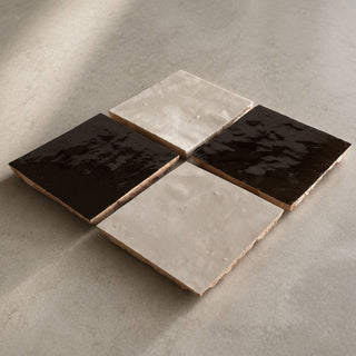 Set of four Cocoa Brown and Soft Cream handcrafted ceramic table tiles with natural textured edges