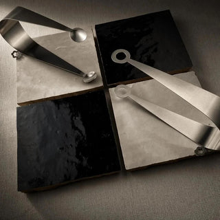 Cocoa Brown and Soft Cream ceramic table tiles styled with handcrafted stainless steel serving pieces
