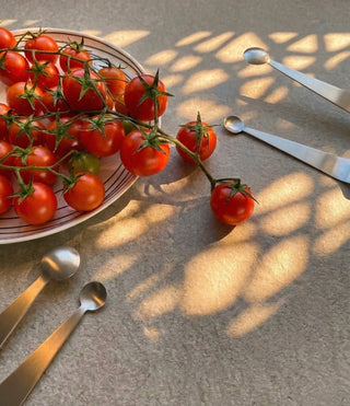Dome stainless steel serving tongs beside vine tomatoes in warm patterned light