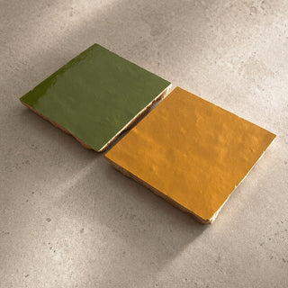 Garden Green and Golden Sun handcrafted ceramic table tiles with rich glazed surfaces and raw clay edges