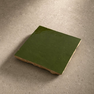 Single Garden Green ceramic table tile handcrafted in Morocco and hand finished in studio