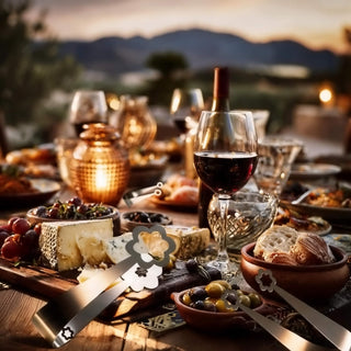 Handcrafted stainless steel serving pieces styled across an outdoor table with cheese, olives, bread and wine