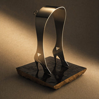 High Heel stainless steel server displayed on Cocoa Brown handcrafted ceramic table tile