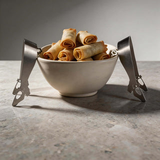 Pair of handcrafted stainless steel Off to See the Wizard serving pieces styled beside bowl of canapes