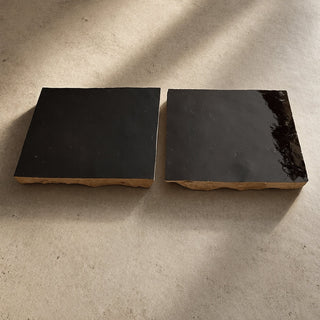 Pair of Cocoa Brown handcrafted ceramic table tiles with glossy dark finish and raw textured edges