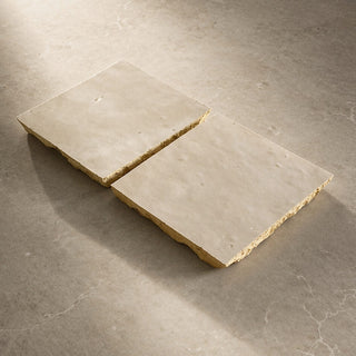 Pair of Soft Cream handcrafted ceramic table tiles with pale glazed finish and raw textured edges