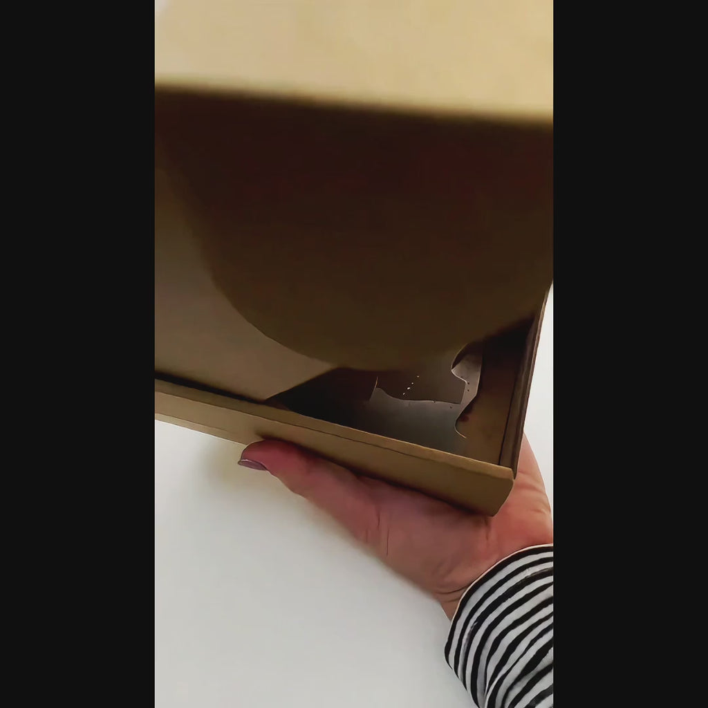 Video showing the Tap Shoe stainless steel serving piece being lifted from its gift box and used to serve bocconcini from a small bowl.