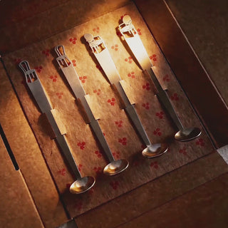 Video of four Best Seat in the House handcrafted stainless steel tiny serving ladles presented in patterned kraft gift box packaging.