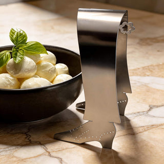 Pair of stainless steel Tap Shoe servers beside a bowl of bocconcini and basil